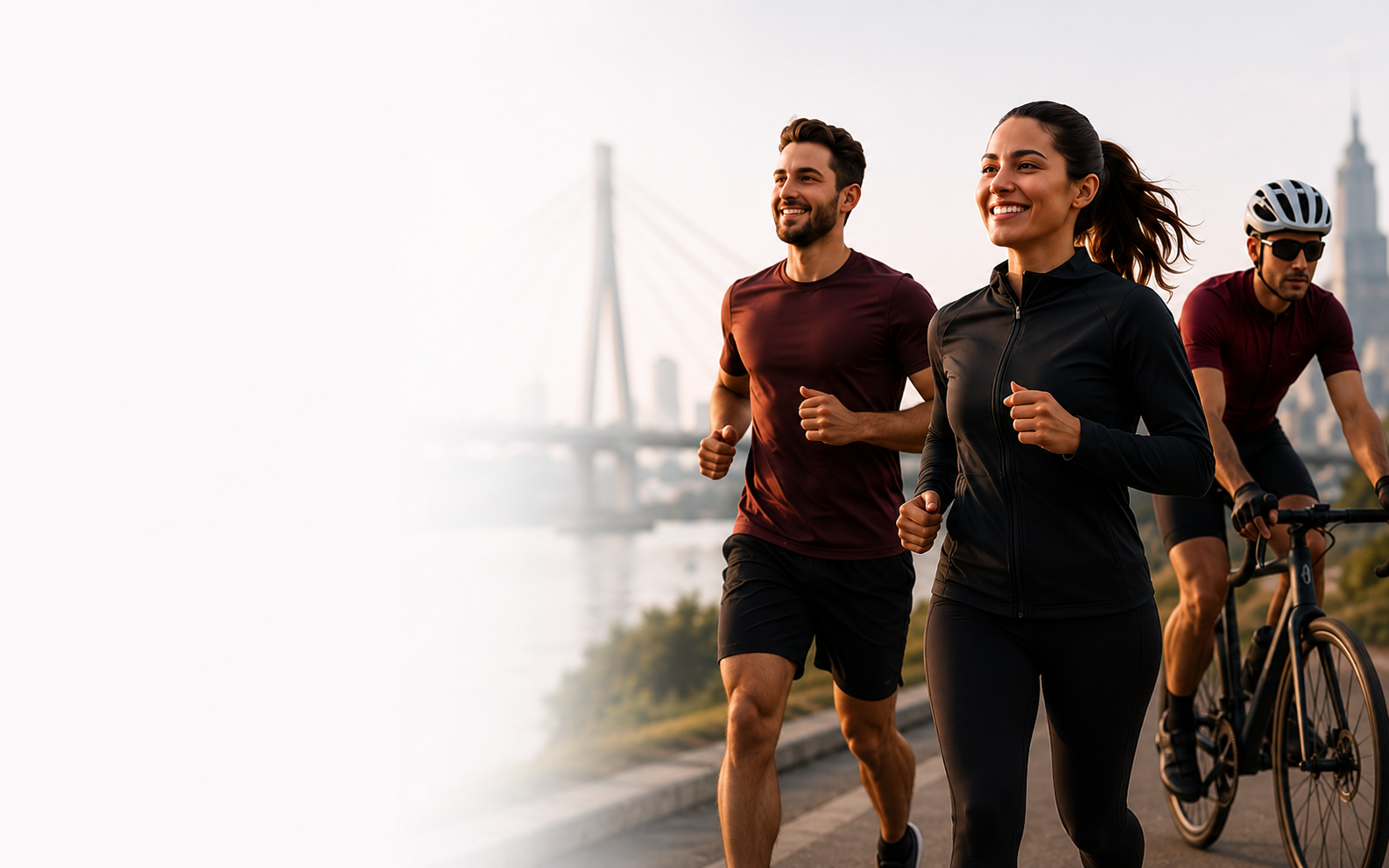 Group of runners and a cyclist training together outdoors on a bridge